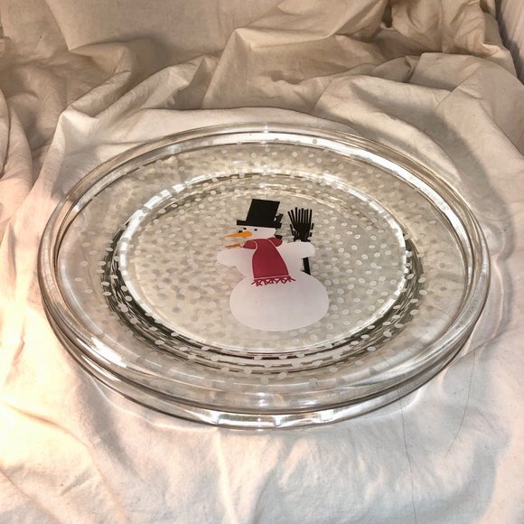 Set of 2 BODUM Glass 10" Winter Holiday Snowman Dinner Plates ~ Christmas Snow - Picture 3 of 6